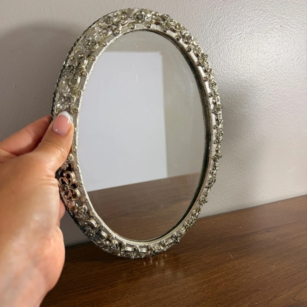 Vintage Ornate Oval Vanity Mirror Cast Metal Floral Filigree Hollywood Regency